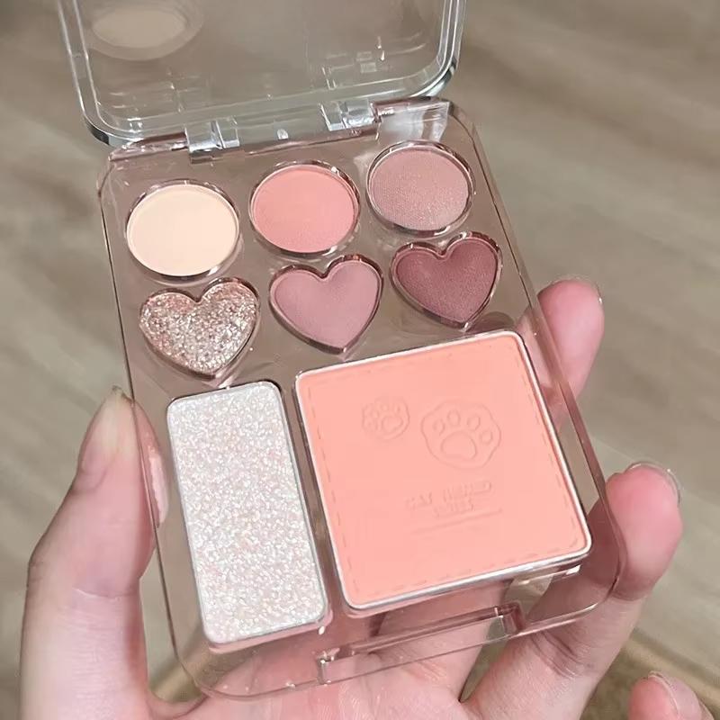 Pink Orange Eyeshadow Palette 8-Colors Facial Blusher Highlighters Brightening Lasting Heart-shaped Eye Shadow Make Up Cosmetics