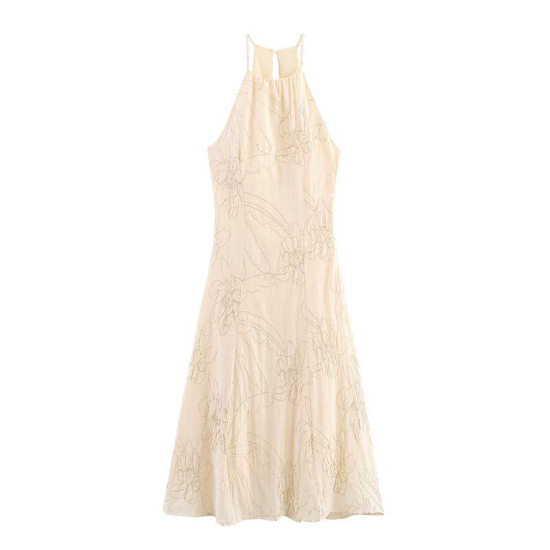 Kaslead New Women Clothes Western Style Fashion Simple Flower Embroidery Hanging Collar Dress 8308853