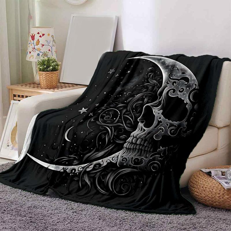 1pc Midnight Moonlit Skull Blanket Soft and Cozy Home Decor Gift for All Seasons, Living Room, Travel .K061