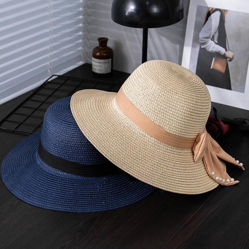 Women's Summer Straw Sun Hat with Wave Brim, Butterfly Bow & Faux Pearl Accents, Beach Hat, Outdoor Travel Vacation Hat