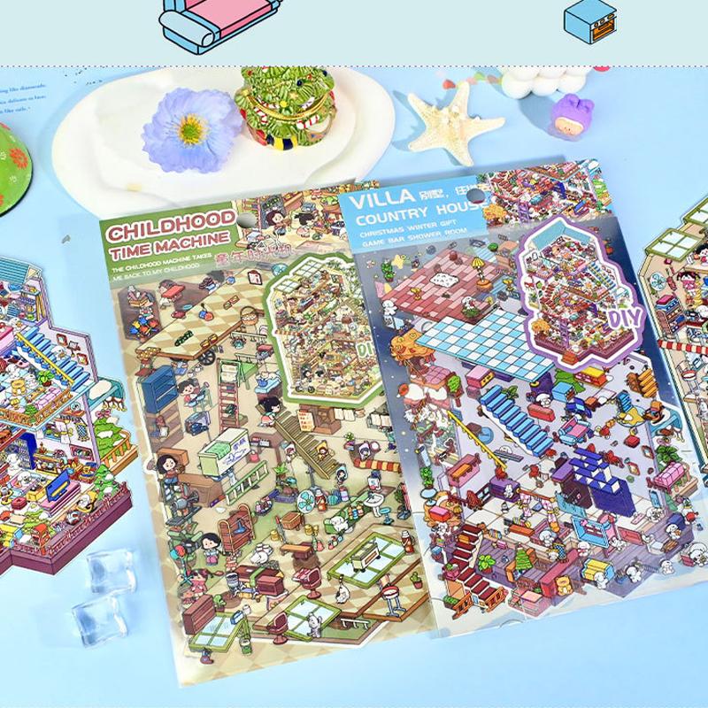 Cartoon Kindheit Villa DIY Landschaftsaufkleber Taschenhütten Szene Spielaufkleber Weihnachtsgeschenk für Kinder