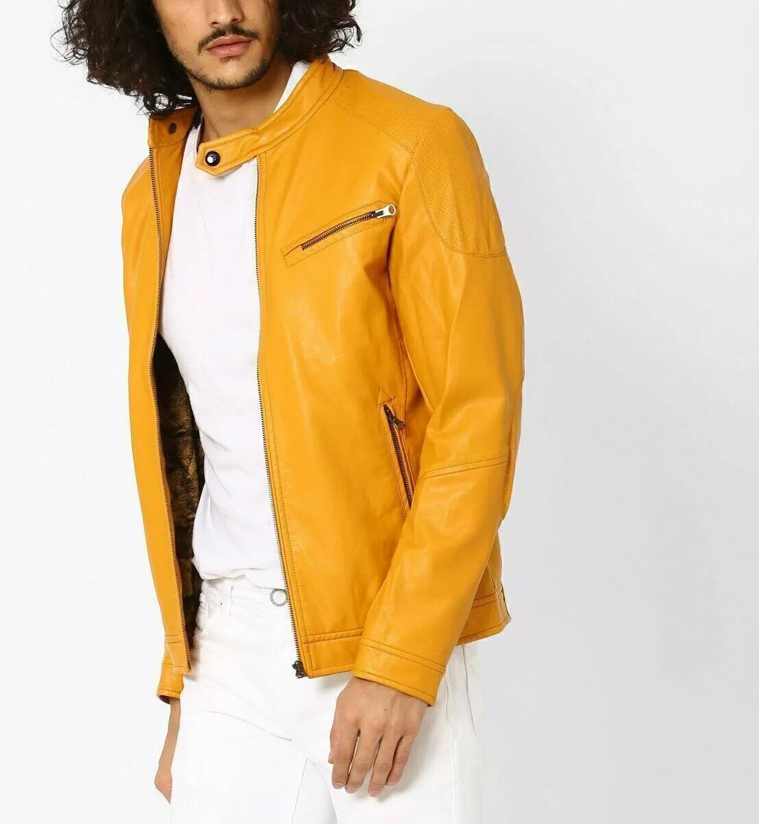 

Stylish Biker New Motorcycle Handmade Yellow Jacket Leather Men Genuine Lambskin 3XL жёлтый