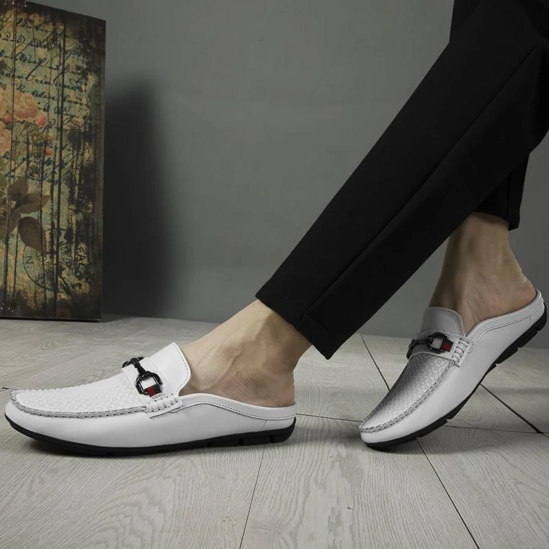 2024 New Summer Soft Sole Men's Slippers Genuine Leather Half Slippers for Men Casual Shoes Breathable Shoes Lightweight Sandals