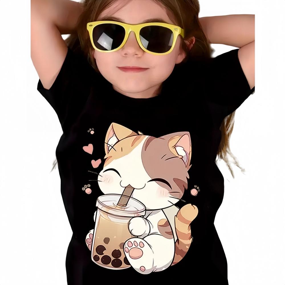 2025 New Girl's T-shirt Fashion Dolphin Children's Clothing Summer Girl's Clothing Cartoon Top Cute Cat Printed T-shirt Children's Clothing