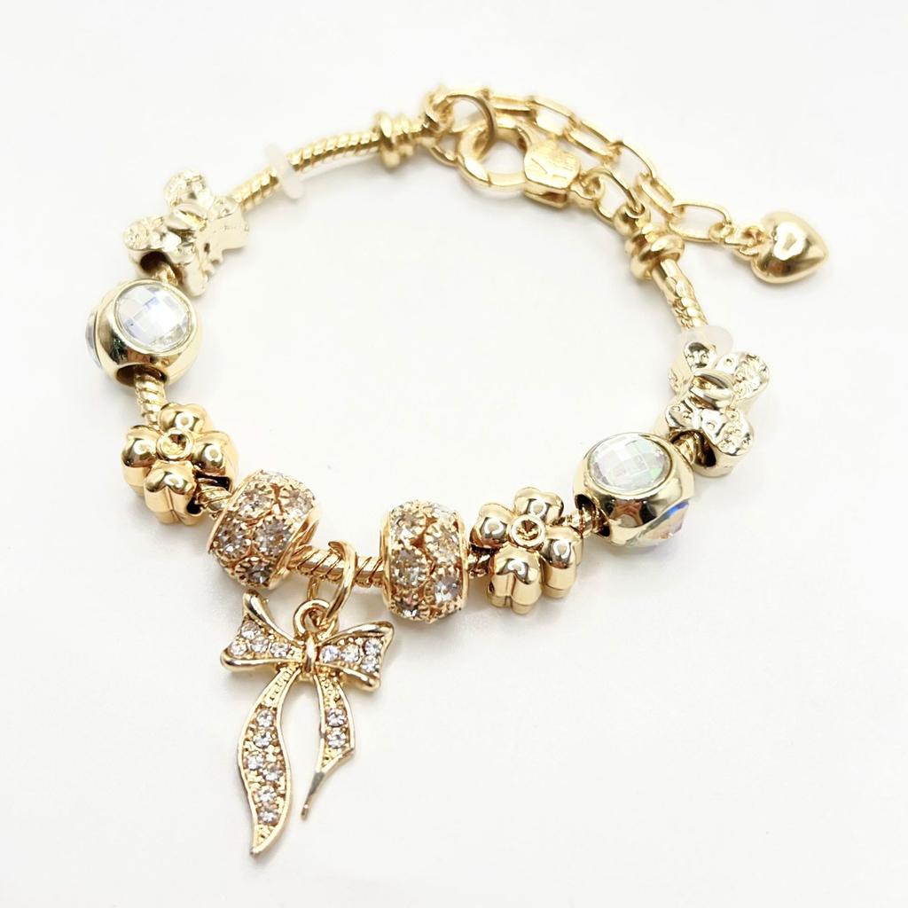High Quality Gold Plated Crystal Rhinestone Lotus Flower Charm Bracelet Large Hole Beads Pink Flower Pendant Adjustable DIY