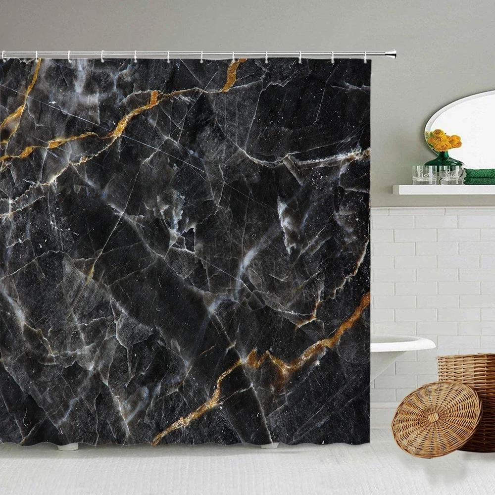 Abstract Marble Shower Curtain, White Gray Black Gold Blue Green Textured Stripe Simple Modern Ink Art, Bathroom Decorative