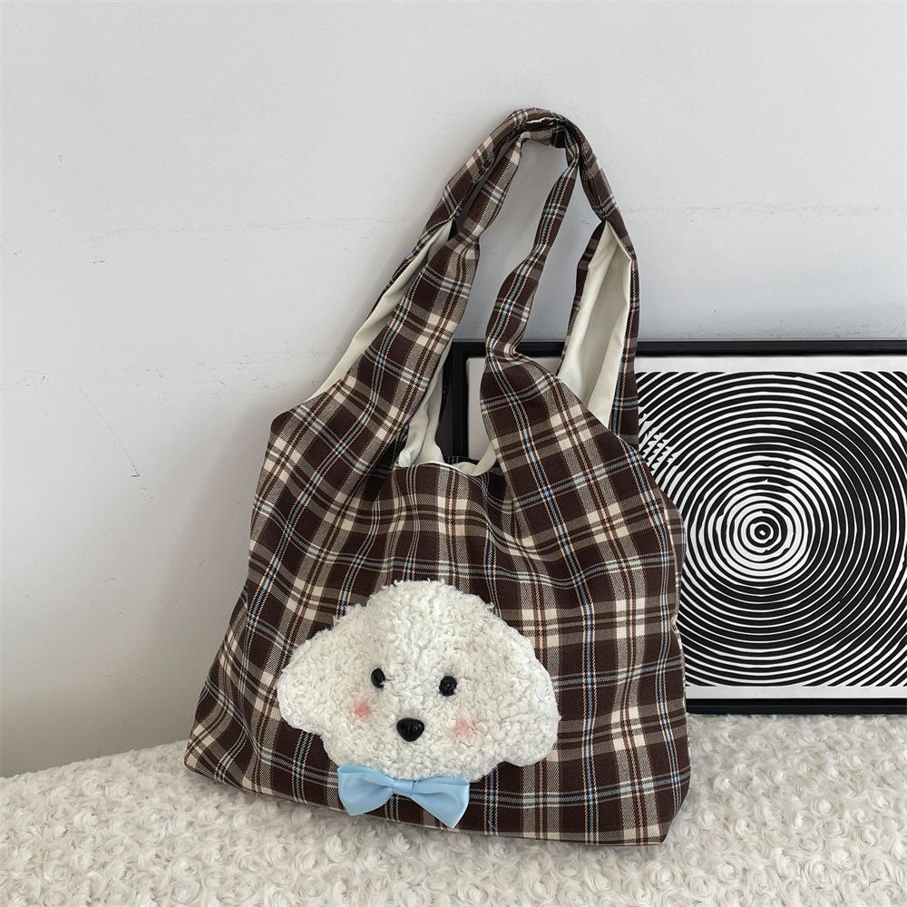 

Вышитая плюшевая симпатичная сумка в клетку через плечо с изображением щенка, повседневная школьная сумка для класса белый
