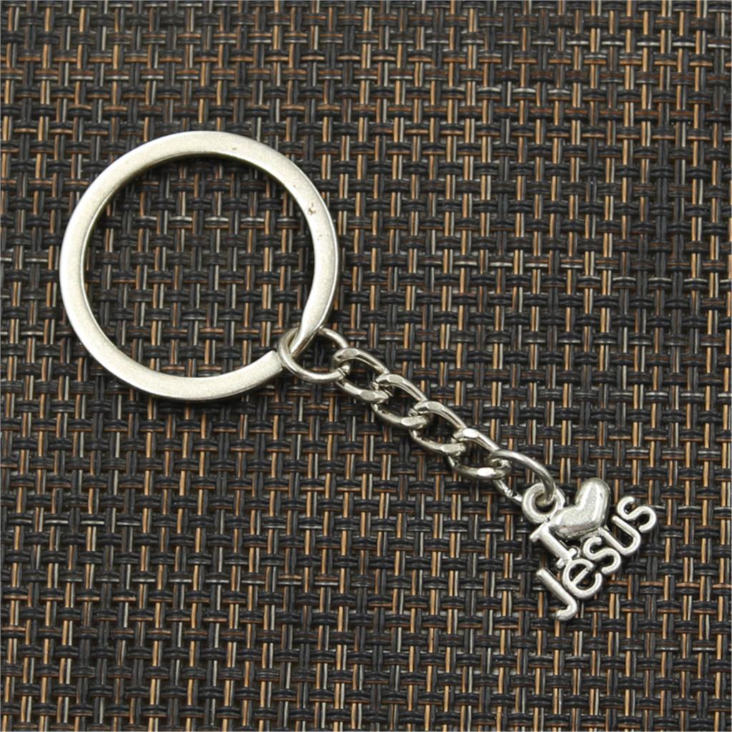 New Fashion Men 30mm Keychain DIY Metal Holder Chain Vintage I Love Jesus 15x13mm Silver Color Pendant Car Keychain Gift