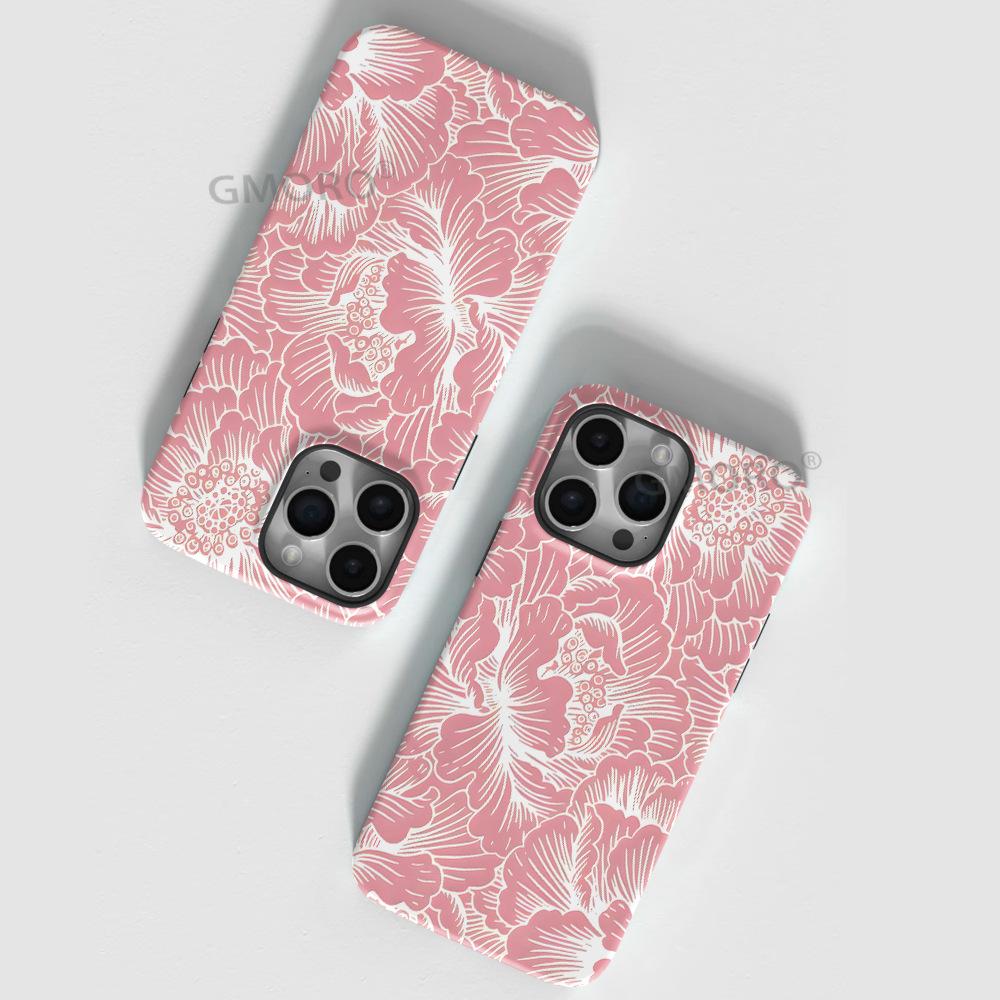 New Peony Flower with Magnetic Mobile Phone Case Women's Summer Pink Mobile Phone Case Apple 15/16 Mobile Phone Case
