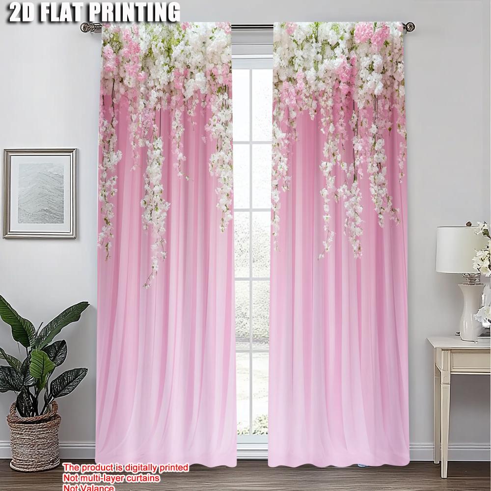 Set Of 2 Creative Curtains Print Lush Pink White Flowers Green Foliage Durable Polyester Without Rod Holiday Ldeal Made