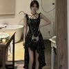 Black irregular floral suspender dress women's summer new small French beautiful long dress