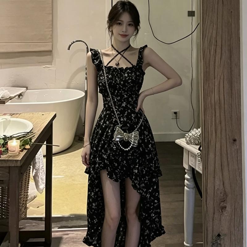 Black irregular floral suspender dress women's summer new small French beautiful long dress
