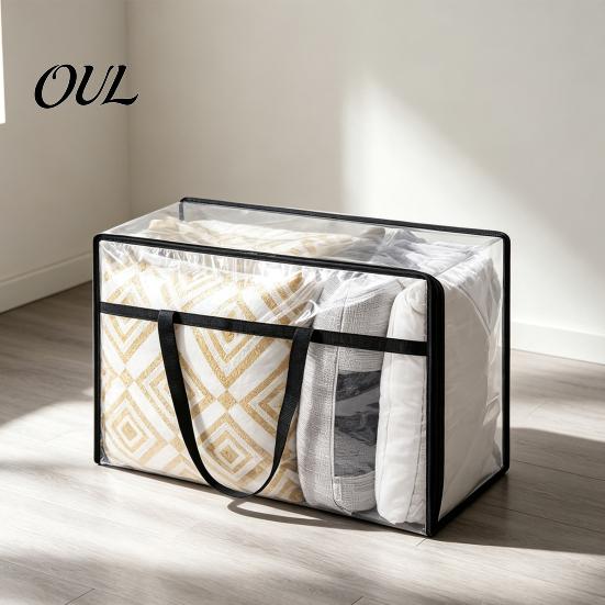 Dust Proof Closet Storage Bin Clear Clothes Bag with Zipper, 40L Capacity Reinforced Handles Moving Bag, Under Bed for Comforters Foldable PVC