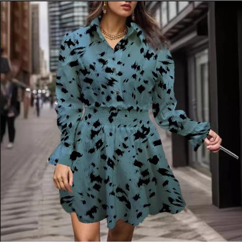 Women's Summer Lapel Three-button Long-sleeved Leopard Print Dress