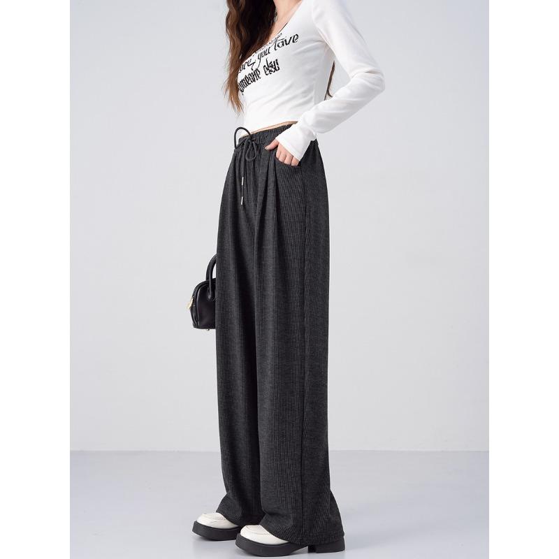 

Autumn and winter new women s clothing high waist and thin lazy style straight stripes mopping gray lace-up wide-leg trousers M
