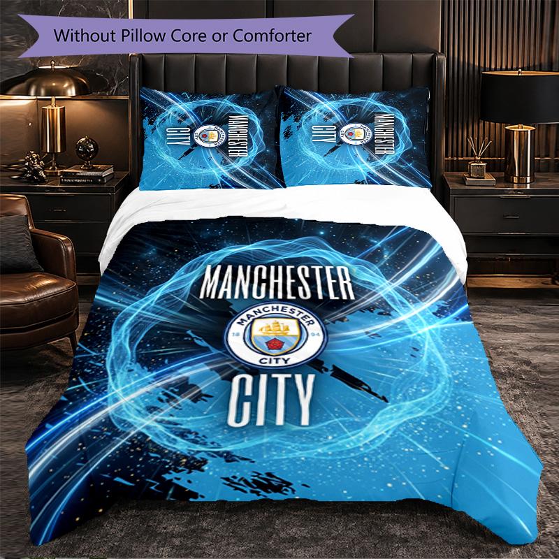 Manchester City Pattern 3 Pieces Bedding Set Soft Microfiber Duvet Cover with Pillow Cases for Bedroom
