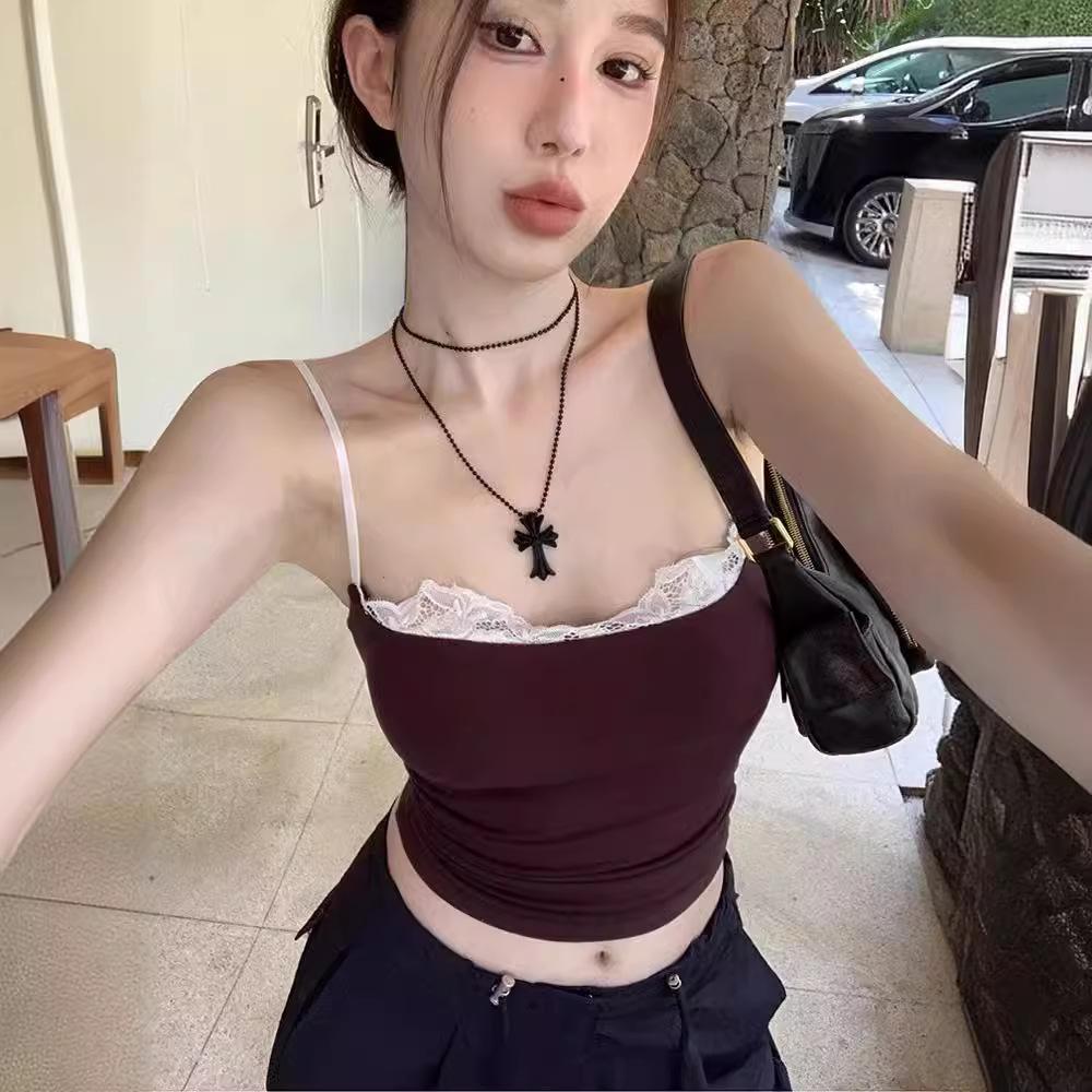 Lace Edge Tight Suspender Small Vest Women Wear Sexy Back Hot European and American Pure Desire Short Top