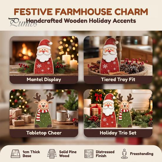 Holiday Gift for Friends Family Wooden Christmas Tabletop Decor, Santa Snowman Reindeer Figurine, Rustic Small Decorative Wood Art Pieces Shelf Sitter