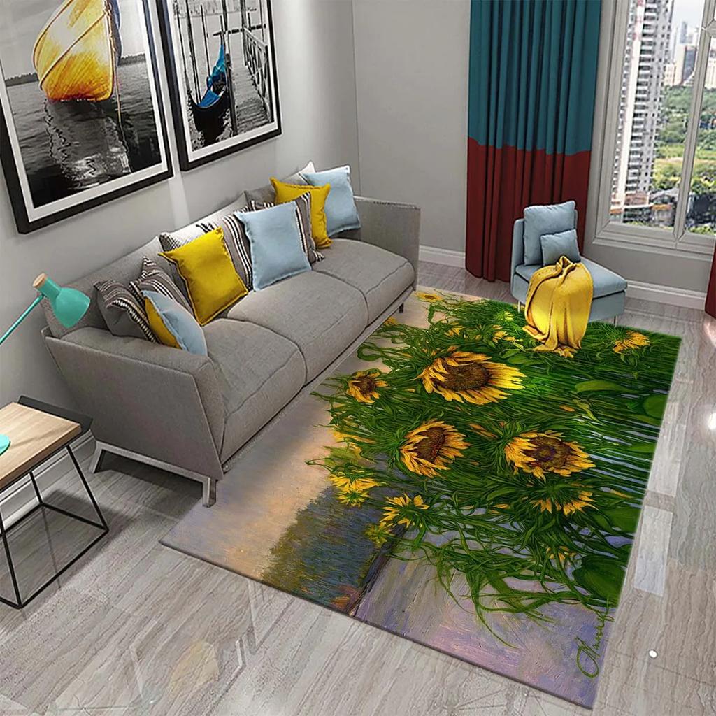 3D Oil Painting Sunflower Carpet for Living Dining Room Bedroom Kitchen Van Gogh Sunflower Nursery Rug Floor Non Slip Area Rug