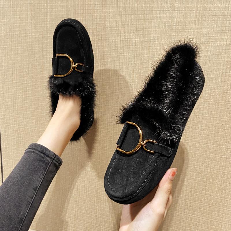 Luksusowe Futrzane Mokasyny Damskie Zimowe Bawełniane Buty Damskie Ciepłe Wsuwane Płaskie Buty do Chodzenia Futrzane Loafersy Buty ze Skóry Świńskiej