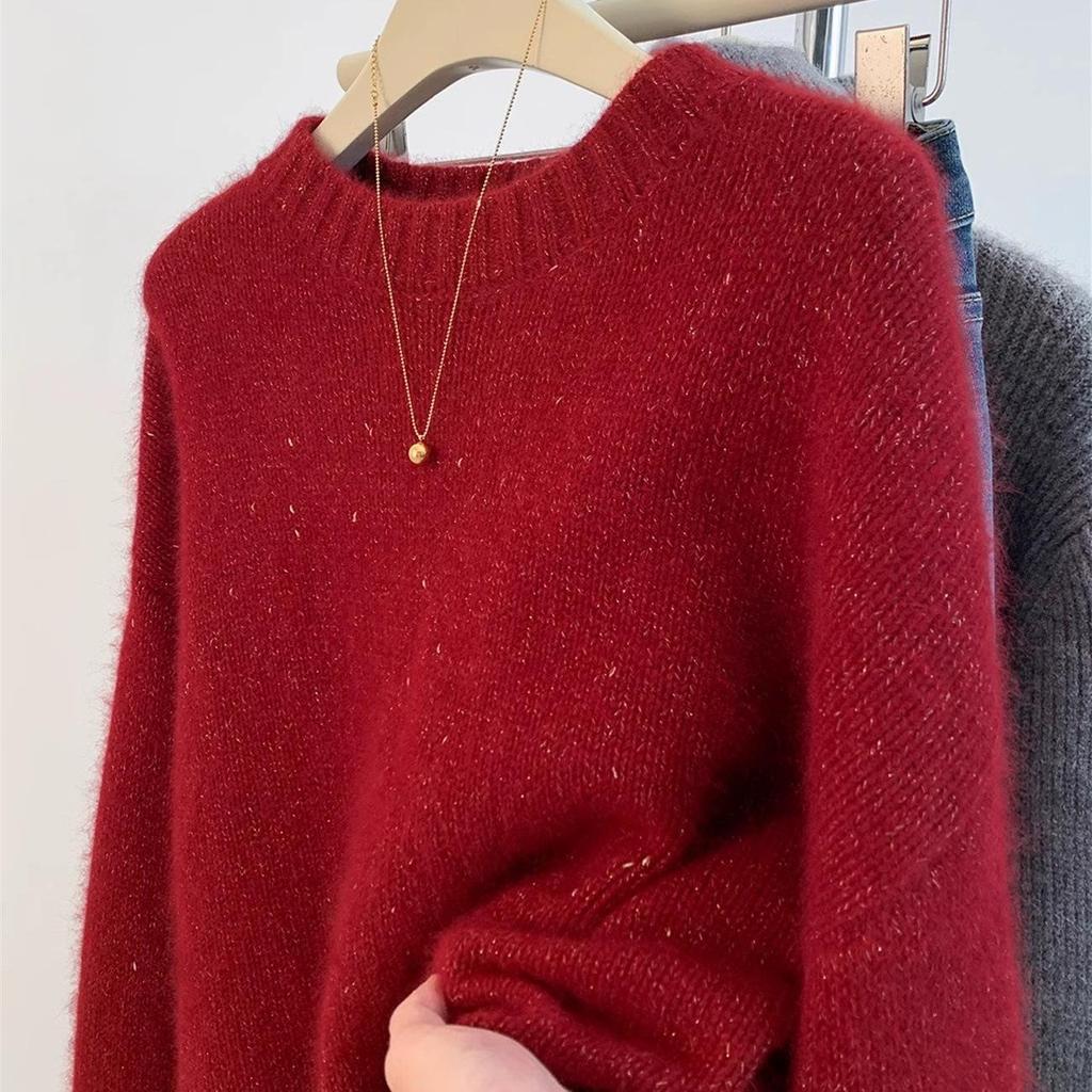 Women's High-End European Style Red Pure Wool Sweater with Lurex - Autumn/Winter Collection, Loose & Thickened, Year of the Rat Design