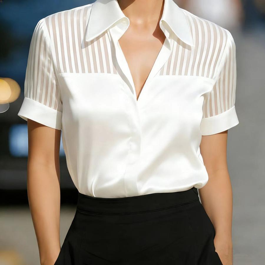 Boutique Chic Commute V-Neck Sheer Striped Short Sleeve Shirt S белый