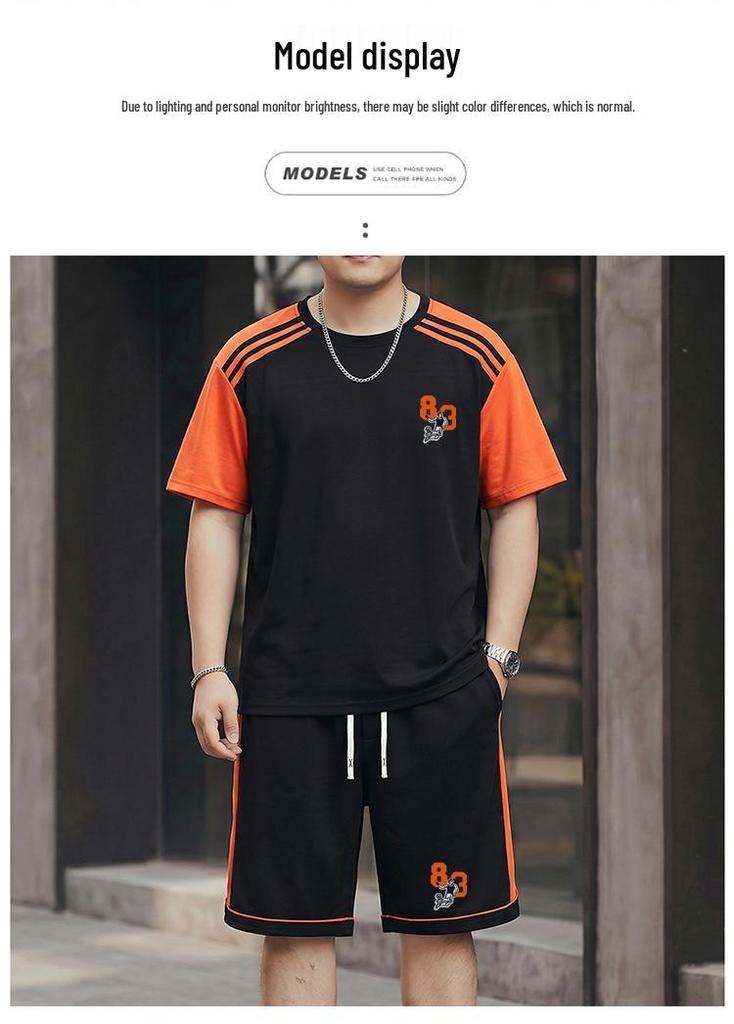 2026 Men's Plus Size Patchwork Short Sleeve Summer Casual Suit - Round Neck Sports Shorts Two-Piece Set