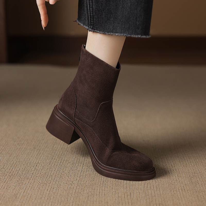 Krazing Pot Cow Suede Nubuck Round Toe Thick Heels Chelsea Boots Size 42 Concise Style Women Keep Warm Ankle Boots