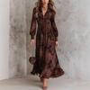 Women'S Autumn And Winter Long Dress Waist Digital Printing Pleated V-Neck Zipper Dress