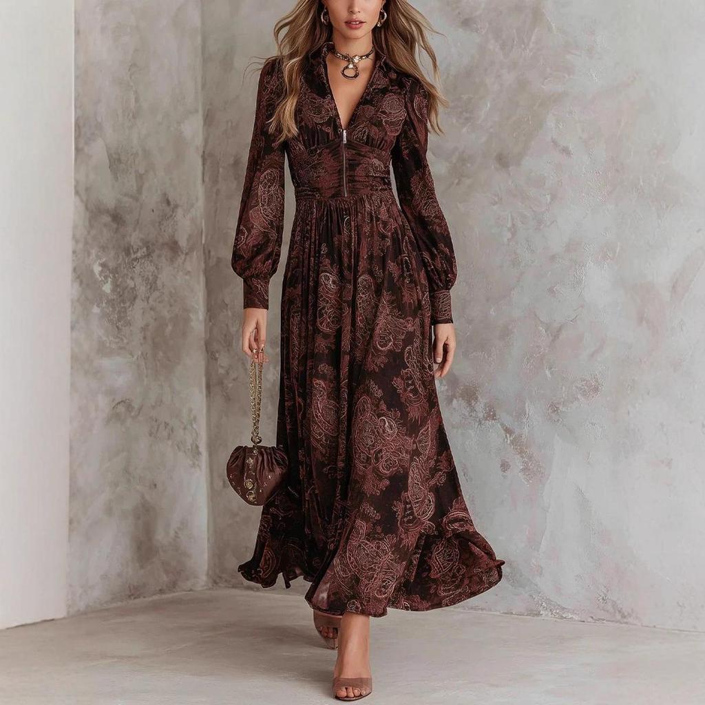 Abito Lungo da Donna Autunno e Inverno Vita Stampa Digitale Pieghettato Scollo a V Zip