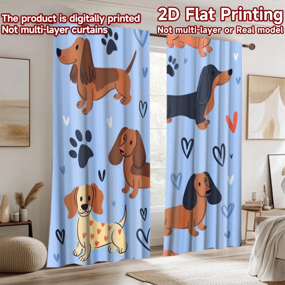 2D Flachdruck 2 Stück Vorhang Niedlicher Dackel Hund Digital Bedruckt Polyester Vorhänge Festliche Wanddekoration Verwendung für Festliche Porträts