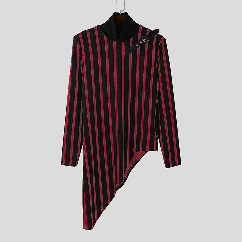 INCERUN Autumn Men's High Neck Long Sleeve Patchwork Striped Irregular Casual T-shirts Undershirts