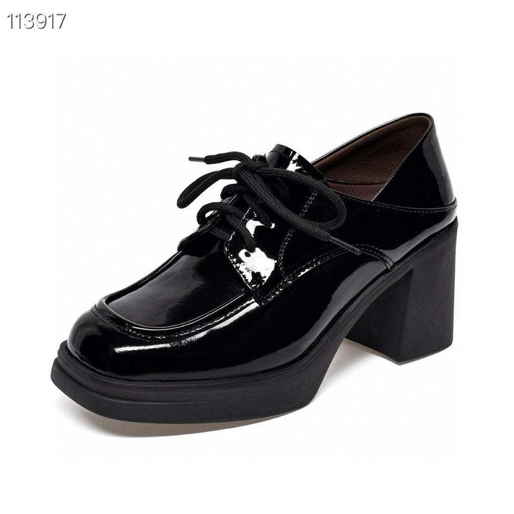 Women's 2025 Black British Style Waterproof Platform Chunky Heel Lace-up Loafers with Two-Wear Deep Mouth Design.