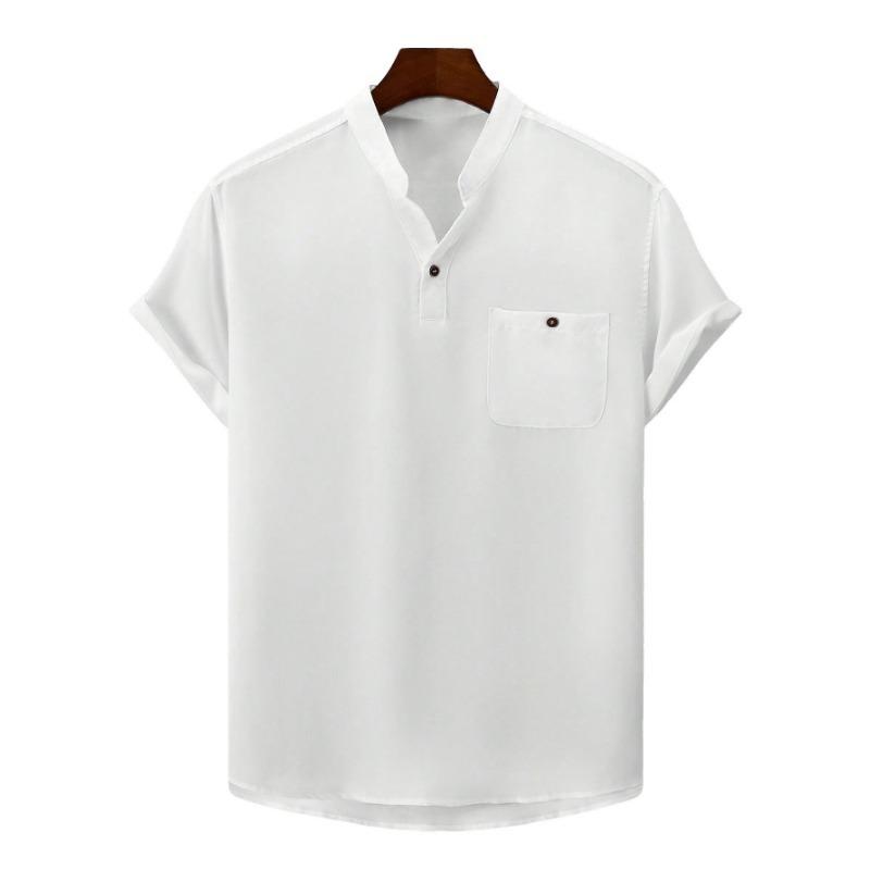 Men Linen Blend Mandarin Collar Short Sleeve Henley Shirt Casual Breathable Summer Top for Men
