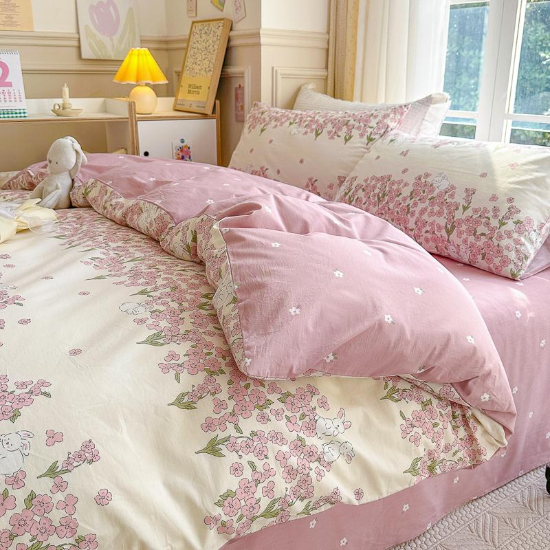 Garden Pink Flowers Pattern Duvet Cover Set 3Pcs Cute Rabbit Printed 100% Cotton Soft Comfortable Comforter Cover Bedding Set