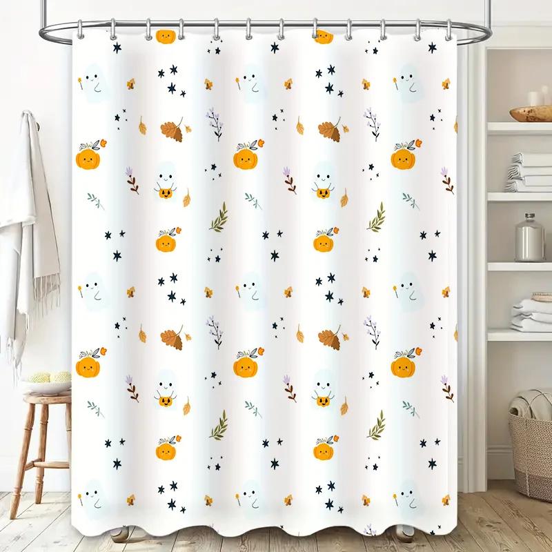 Autumn Leaves Cartoon Print Shower Curtain Waterproof Bathroom Decor Set for Home Decoration White