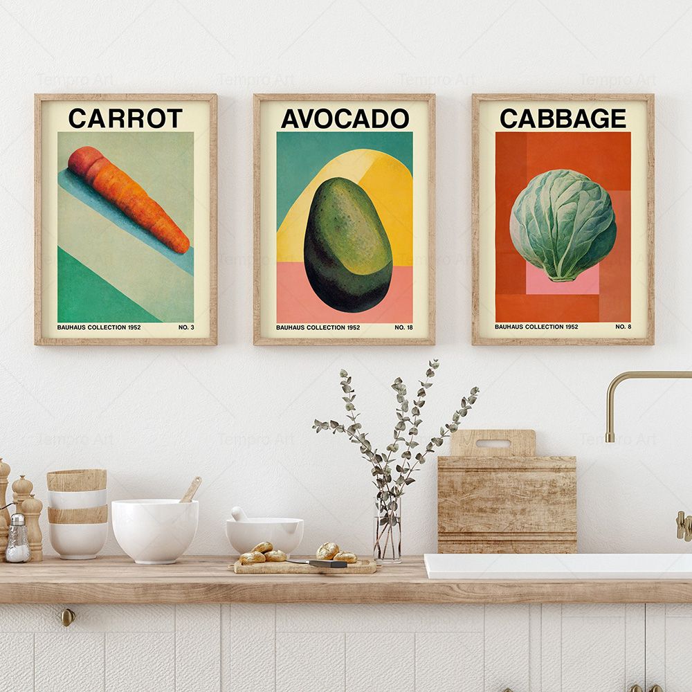 Retro Vegetable Fruit Kitchen Poster Onion Garlic Peach Bauhaus Inspired Botanical Print Canvas Painting Dinning Room Wall Decor