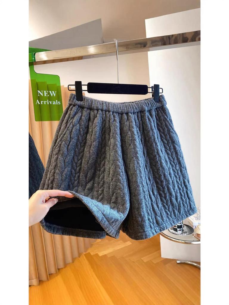 Damen Retro Gepolsterte Kaschmir Zopfmuster Shorts - Weiter Bein A-Linie Bootcut für Herbst/Winter