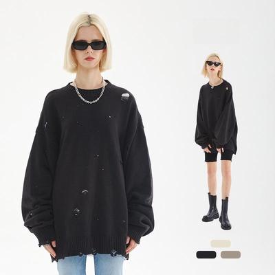 UNF Schwerer 460g Pullover mit Rundhalsausschnitt und Löchern - Street Fashion Lässig, Lockerer Schnitt für Damen und Herren.