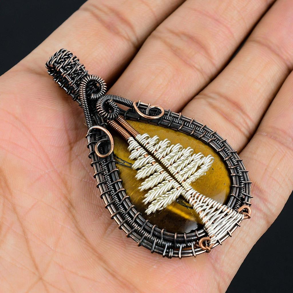 Tiger's Eye 999 Copper Wire Wrapped Pendant, Handmade Gemstone Pendant , Gift For Mom Antique Jewelry