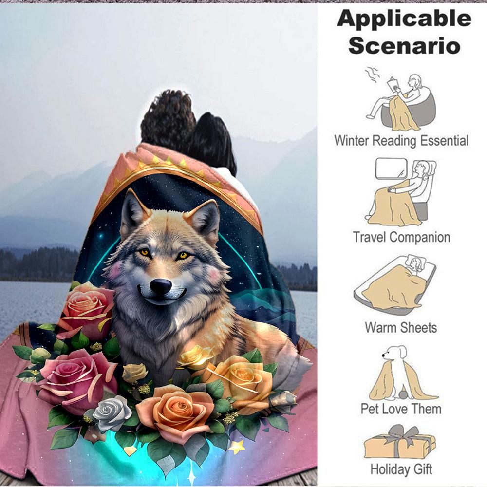 1pc Wolf Roses Blanket, Lightweight Flannel Fleece with Digital Printing, Soft Warm for Sofa, Travel, Camping, Office, Couch, Chair, and Bed, All-Seas