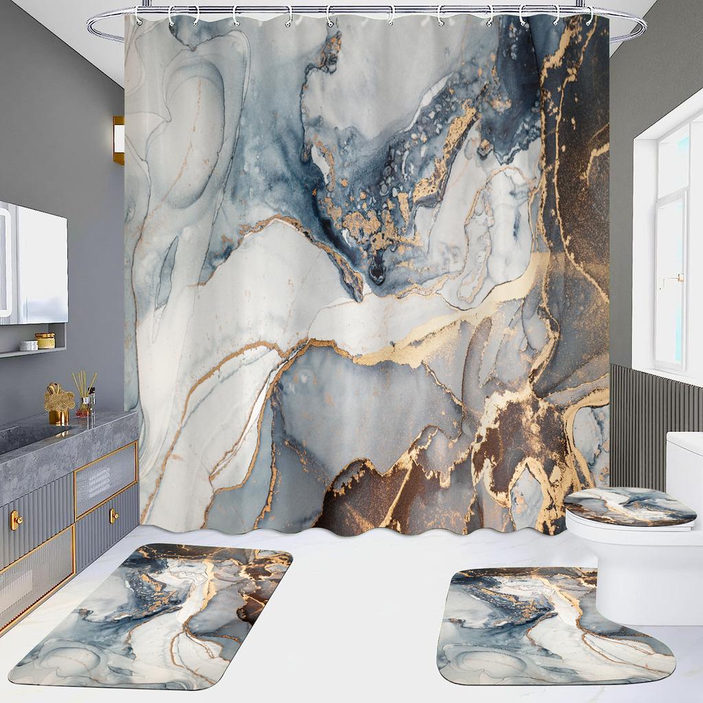 4Pcs Marble Series Shower Curtain Sets for Bathroom Non-Slip Bathroom Rugs Lid Toilet Cover Bath Mat