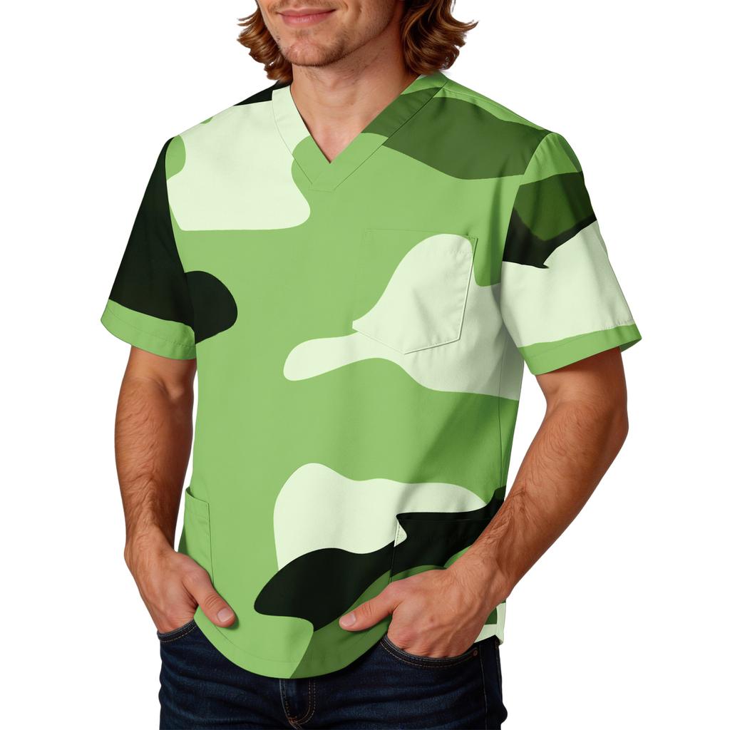 Mens V Neck Scrub Top with Camouflage Print Short Sleeve Classic Fit Lightweight Breathable Uniform Shirt
