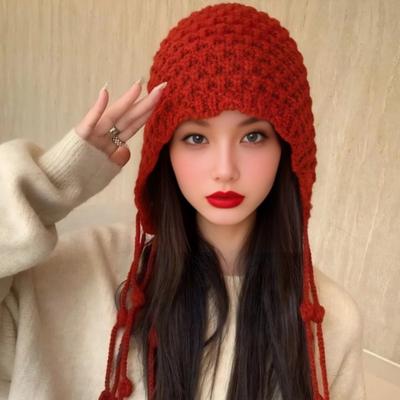 Hand Knitted Tassel Knitted Hat for Women In Autumn and Winter Warm Ear Protecting Woolen Hat  Large Head Circumference Face Showing Small Toe Cap