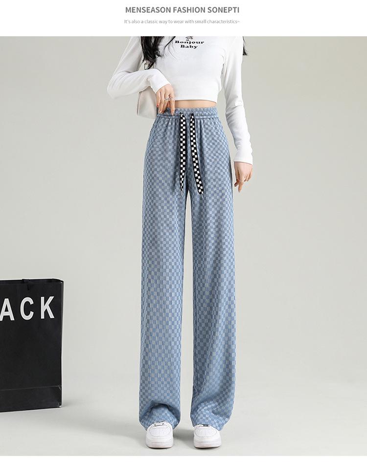 Checkered Ice Silk Wide-Leg Pants for Women, Summer 2025: High-Waist, Floor-Length, Casual Petite Straight-Leg Design