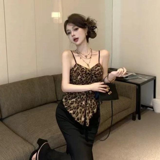 American leopard print sling vest women's summer wear design sense niche hot girl sexy sleeveless pure desire to show thin top