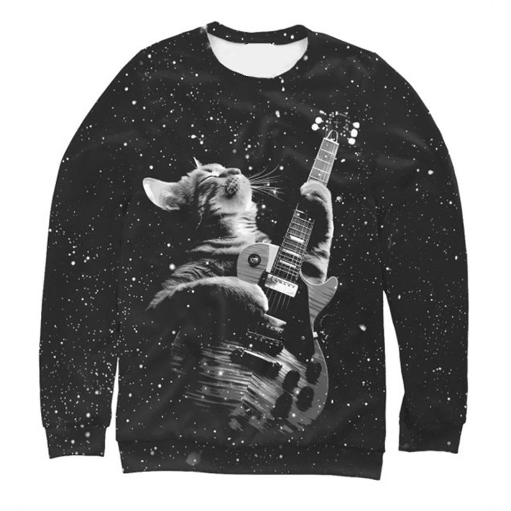 New Men's Sweatshirts Fashion 3D Guitar Cat Printed Long Sleeves For Man Summer Casual Round Neck Tops Oversized Funny T Shirt