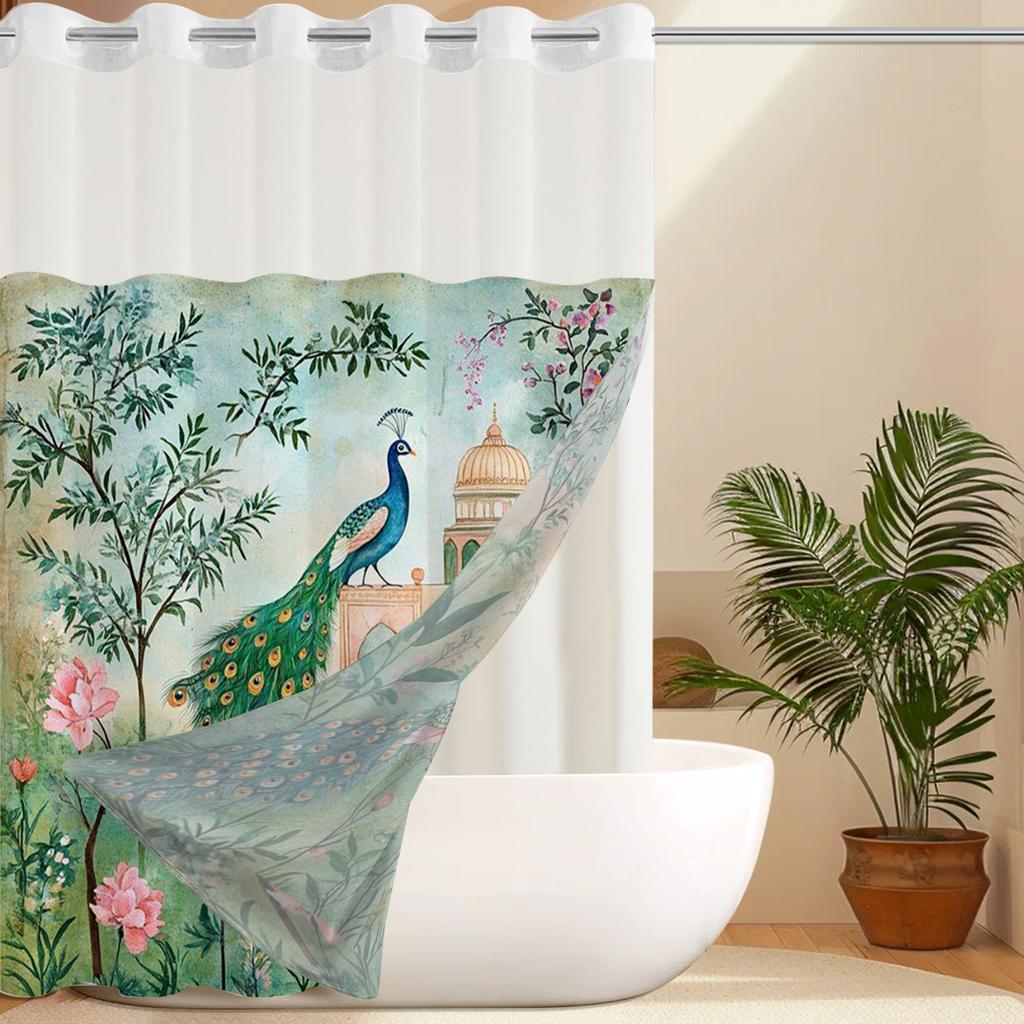 Duschvorhang mit No-Hook-Pfau-Muster, mit einknöpfbarem Stofffutter, transparentem Oberfenster, wasserdichter Doppelschicht-Badewannenvorhang