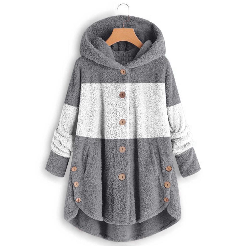 Damen Modische Patchwork Lockerer Kapuzenplüsch mit Knöpfen Langarm Locker Warme Jacke