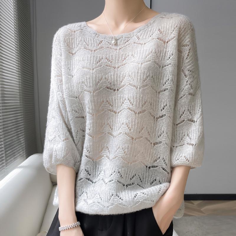 Women's Cashmere Round Neck Crochet Knit Sweater - Loose, Short-Sleeve, Hollow Design.